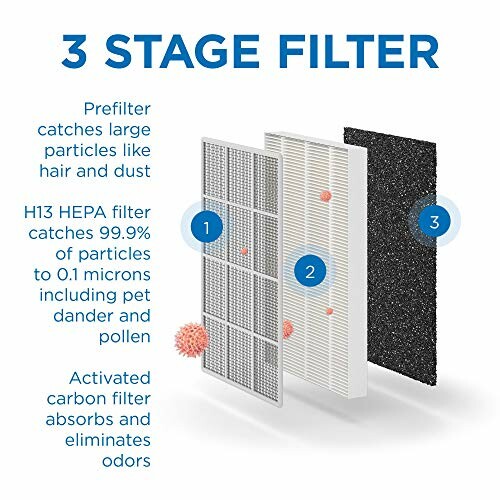 Diagram illustrating a 3-stage filter: prefilter, H13 HEPA filter, and activated carbon filter.