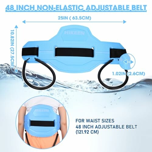 Blue adjustable swimming belt with measurements and features highlighted.