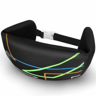 Black headrest with colorful stripes and adjustable strap