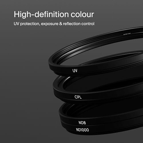 Stack of camera lens filters for UV, CPL, and ND. Each filter is carefully designed to work individually or in combination with other filters.