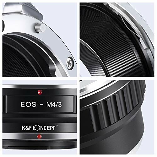 Close-up of a K&F Concept EOS-M4/3 camera lens mount adapter.