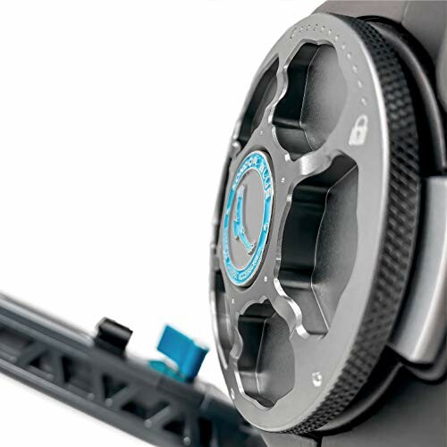 Close-up of an archery bow reel with blue accents.