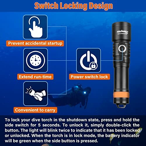 Flashlight switch locking design features for safety and convenience.