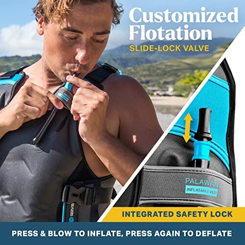 Person inflating a customized flotation vest with slide-lock valve.