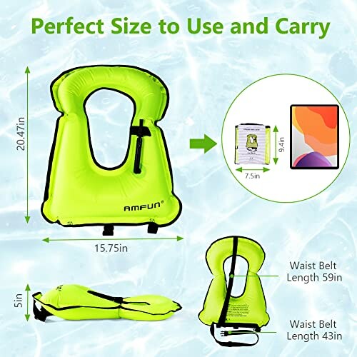 Green inflatable snorkel vest with dimensions and features shown.