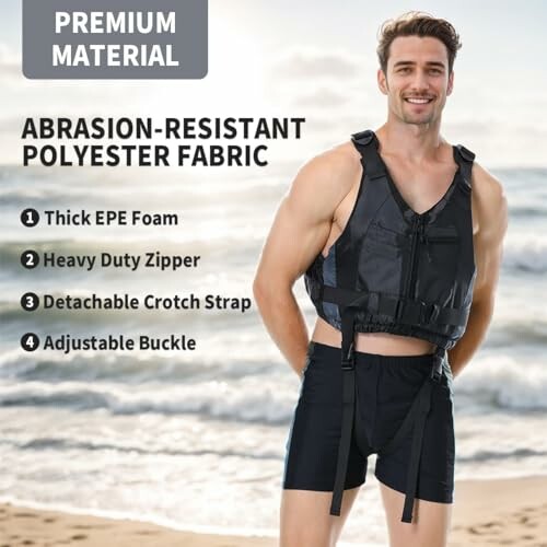 Man wearing a life jacket on a beach, highlighting features like thick EPE foam and heavy duty zipper.