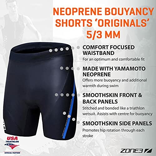 Neoprene buoyancy shorts with features and benefits listed.