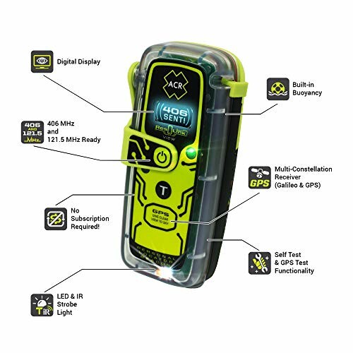 Personal locator beacon with labeled features including digital display, buoyancy, multi-constellation receiver, and strobe light.
