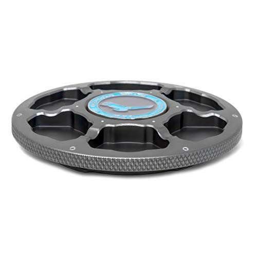 A round metal weight plate with a knurled edge and blue accents.