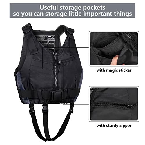 Life jacket with storage pockets and straps, featuring a magic sticker and sturdy zipper.