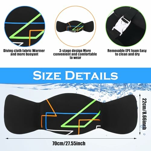 Swim belt with size details and features.