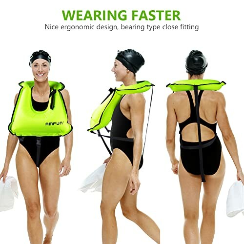Three views of a woman wearing a neon yellow life vest.