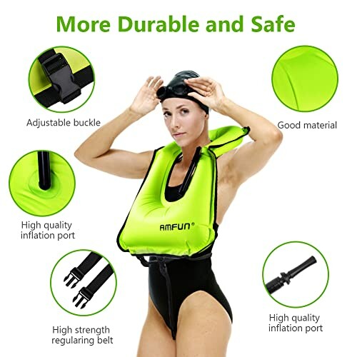 Woman wearing a green inflatable life jacket with adjustable buckle and inflation port.